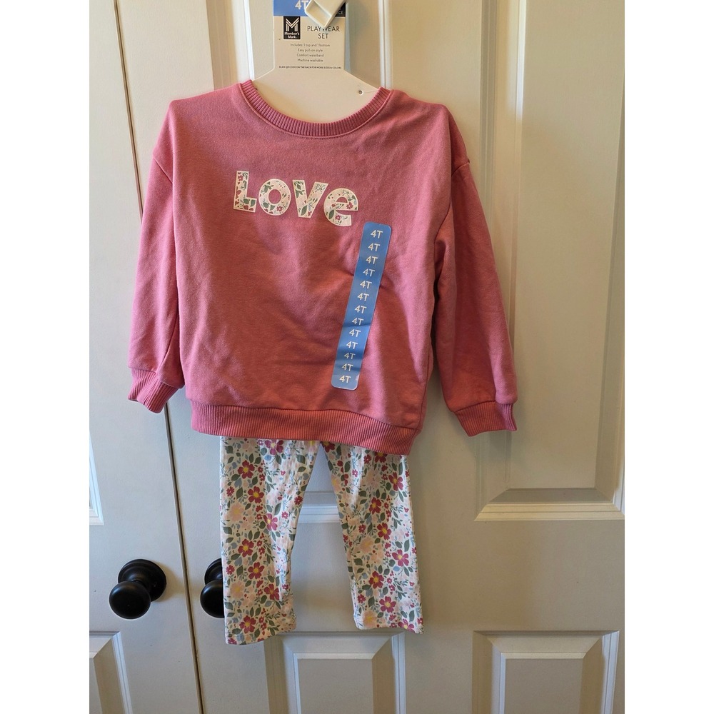 Member's Mark Girls Pink Love Sweatshirt and Floral Leggings 2-Piece Set 4T NWT